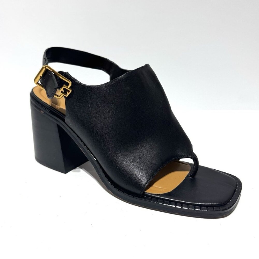 Franco Sarto Black Leather Square-Toe Block Heel Sandal with Gold Buckle